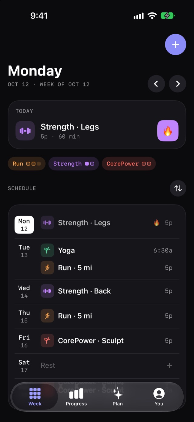 The Week screen: today's workout at the top, then the rest of the week with times.